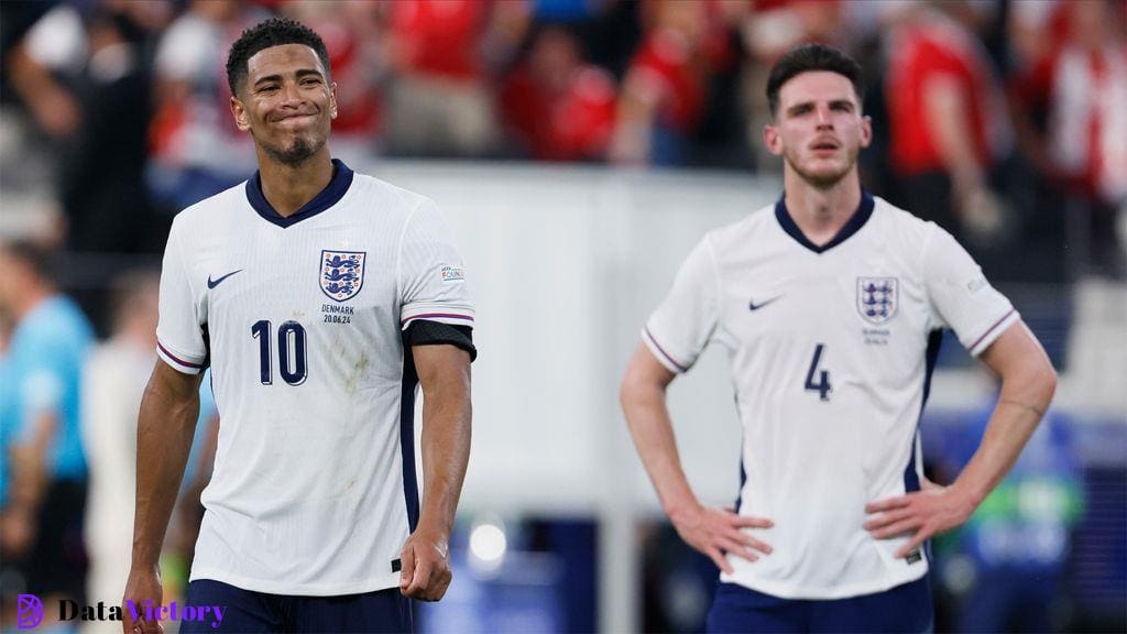 England's Jude Bellingham and Declan Rice looking disappointed after their side's draw with Denmark.