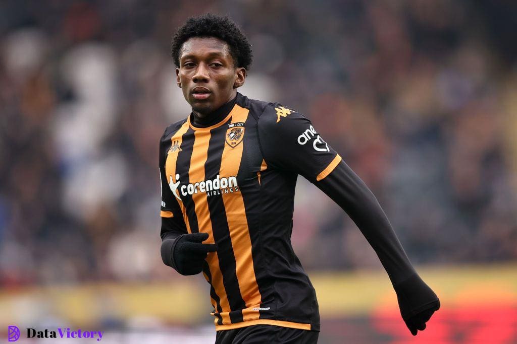 Jaden Philogene-Bidace of Hull City England during the Sky Bet Championship match between Hull City and Leicester City at MKM Stadium on March 9, 2024 in Hull, England.(Photo by Daniel Chesterton/Offside/Offside via Getty Images)