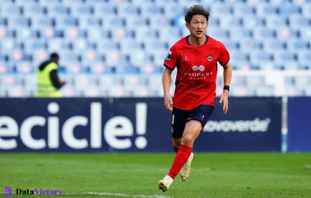 Football Legend Kazu Miura of UD Oliveirense during the Liga Portugal 2 match between CF Os Belenenses and UD Oliveirense at Estadio do Restelo on December 10, 2023 in Lisbon, Portugal. (Photo by Gualter Fatia/Getty Images)