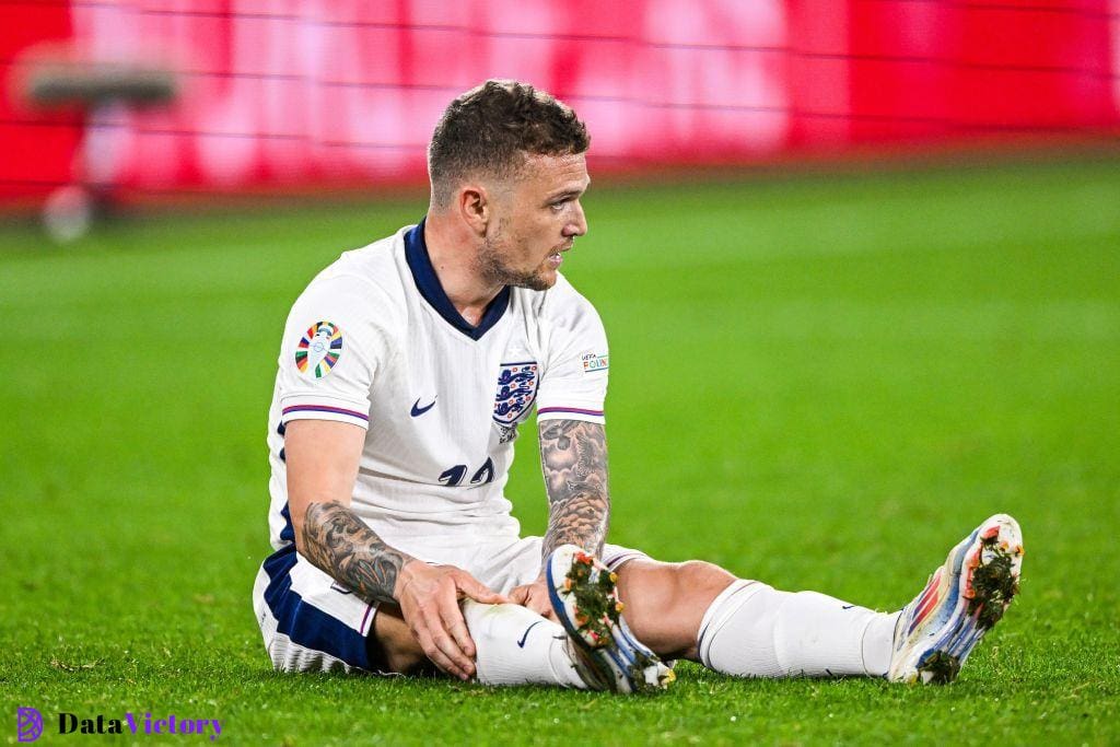 Injury to Kieran Trippier of England during the UEFA EURO 2024 group C match between Serbia and England at Veltins Arena on June 16, 2024 in Gelsenkirchen, Germany.