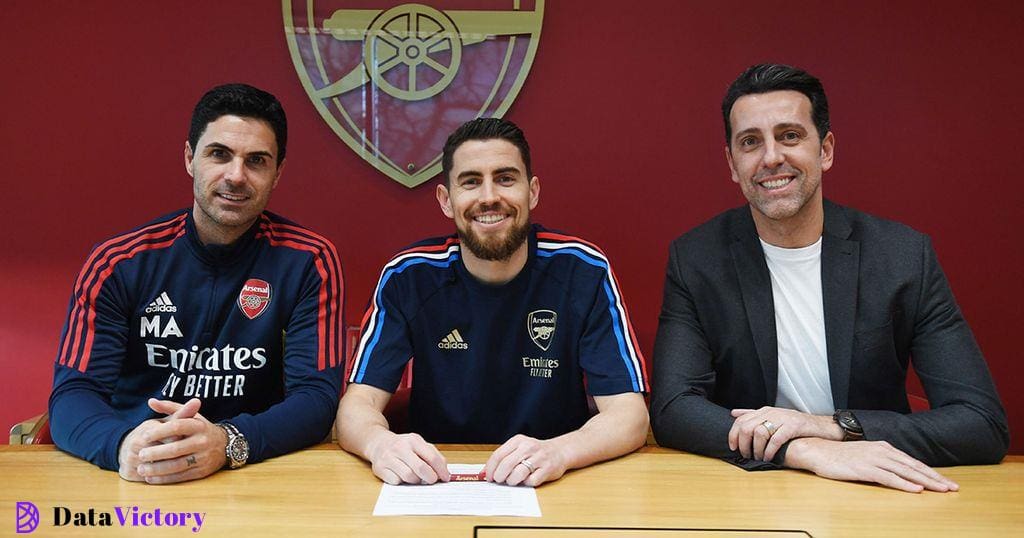 Arsenal manager Mikel Arteta and (R) Sporting Director Edu with (2ndL) new signing Jorginho at London Colney on January 31, 2023 in St Albans, England.