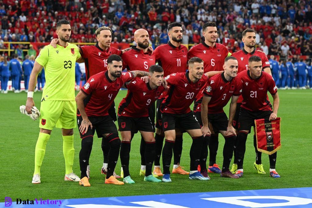 Albania Euro 2024 squad Players of Albania pose for a team photograph prior to the UEFA EURO 2024 group stage match between Italy and Albania at Football Stadium Dortmund on June 15, 2024 in Dortmund, Germany. (Photo by Claudio Villa/Getty Images for FIGC)