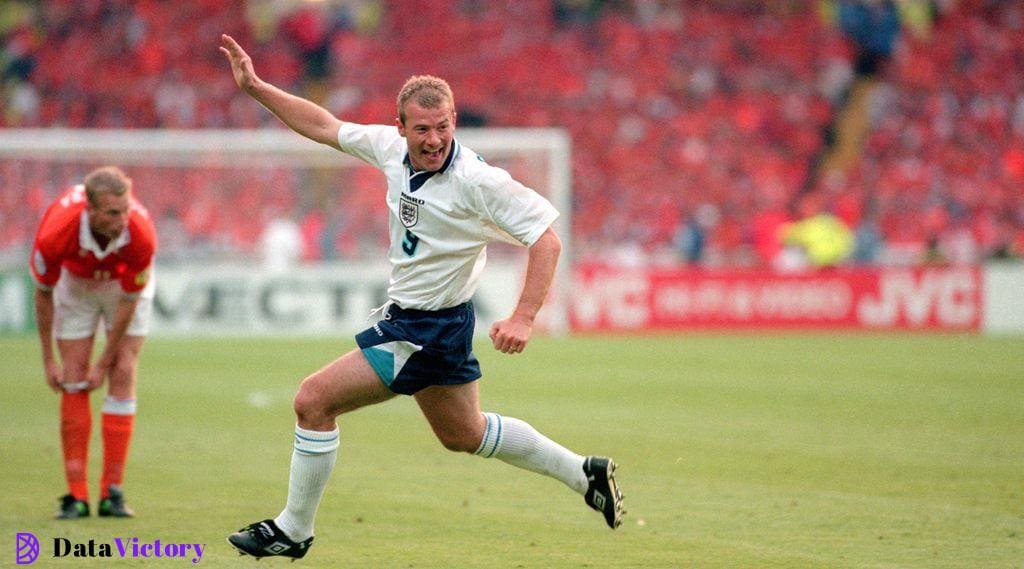 18 June 1996, Wembley - UEFA Euro 96, England v Netherlands, Alan Shearer of England celebrates after he had scored their third goal.