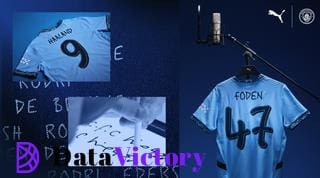 Manchester City's home shirt for the 2024/25 season with Noel Gallagher's handwriting as the font