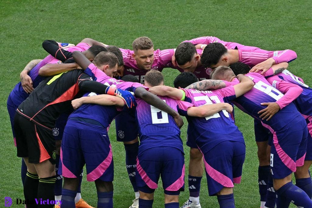 Germany's players embrace prior to kick-off against Hungary.