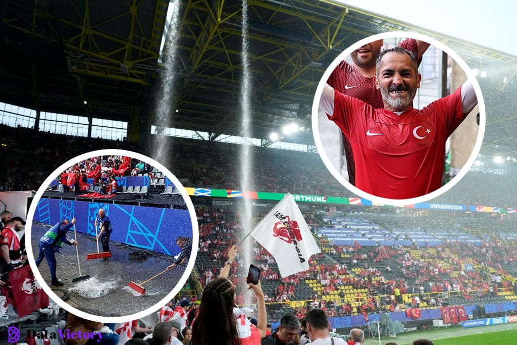 Before Turkey vs. Georgia at Euro 2024, viewers flee for safety after the Dortmund roof leaking into the stands.