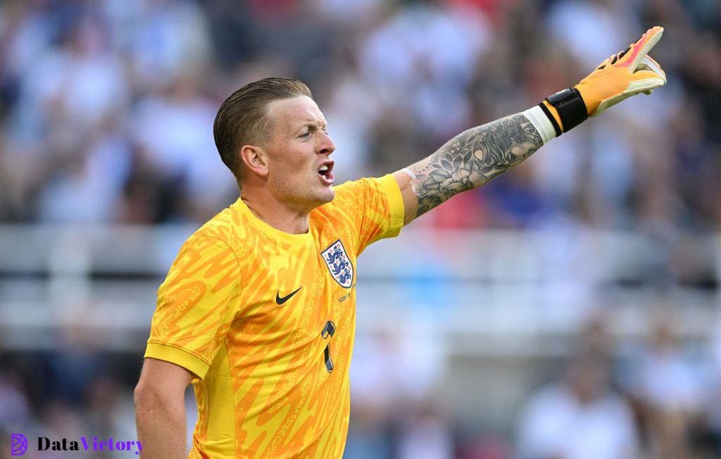 England Euro 2024 squad England goalkeeper Jordan Pickford reacts during the international friendly match between England and Bosnia & Herzegovina at St James' Park on June 03, 2024 in Newcastle upon Tyne, England. (Photo by Stu Forster/Getty Images)