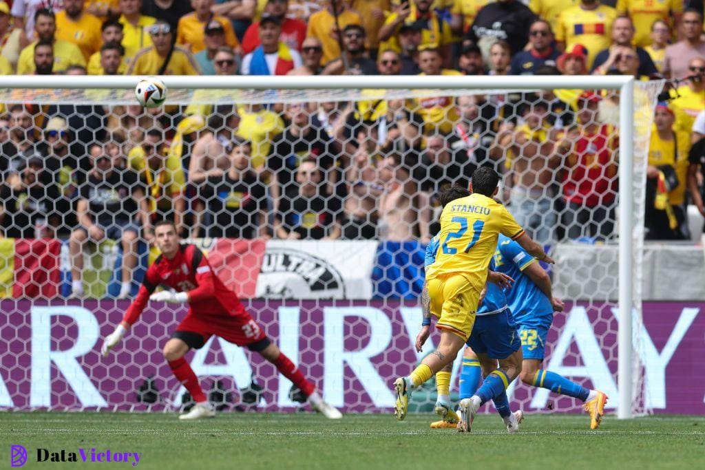 Nicolae Stanciu of Romania scores the opening goal during the UEFA EURO 2024 group stage match between Romania and Ukraine at Munich Football Arena on June 17, 2024 in Munich, Germany.