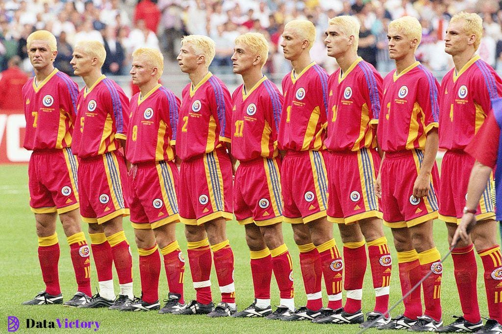 Romania: The bleach blonde Romanians line up before the World Cup group E game against Tunisia at the Stade de France in St Denis. Romania finished top of their group as the match ended 1-1.