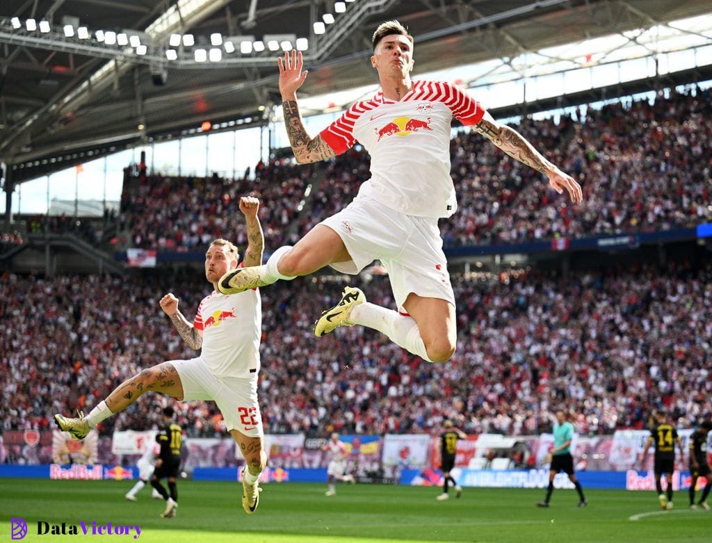 Benjamin Sesko celebrates a goal for RB Leipzig against Borussia Dortmund in April 2024.