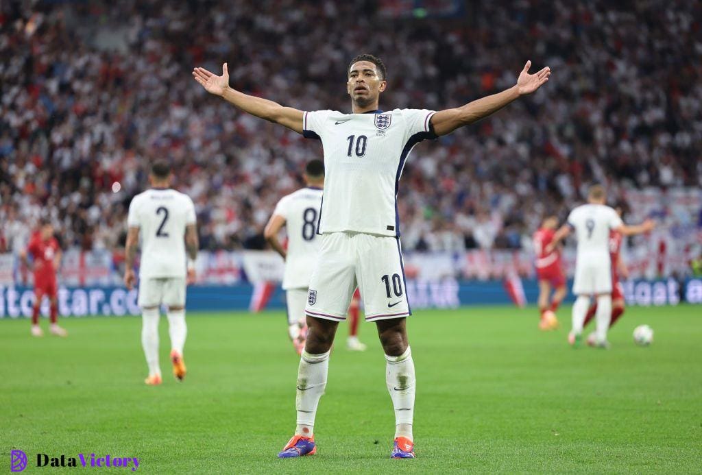 England Euro 2024 squad Jamie Carragher Jude Bellingham of England celebrates scoring his team's first goal during the UEFA EURO 2024 group stage match between Serbia and England at Arena AufSchalke on June 16, 2024 in Gelsenkirchen, Germany. (Photo by Matt McNulty - UEFA/UEFA via Getty Images)