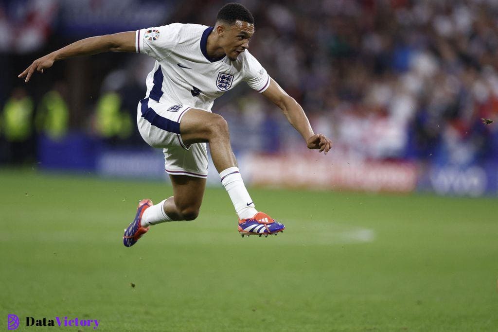 Trent Alexander-Arnold jumps for the ball as England take on Serbia at Euro 2024.