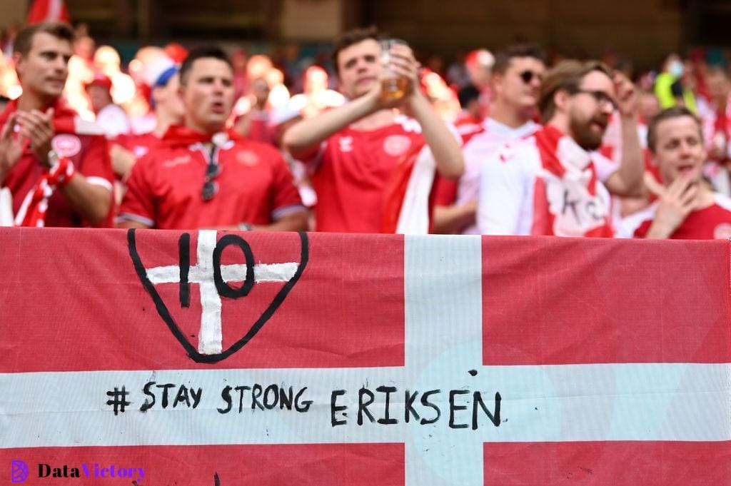 Denmark fans with a message of support for Christian Eriksen following the midfielder's cardiac arrest at Euro 2020.