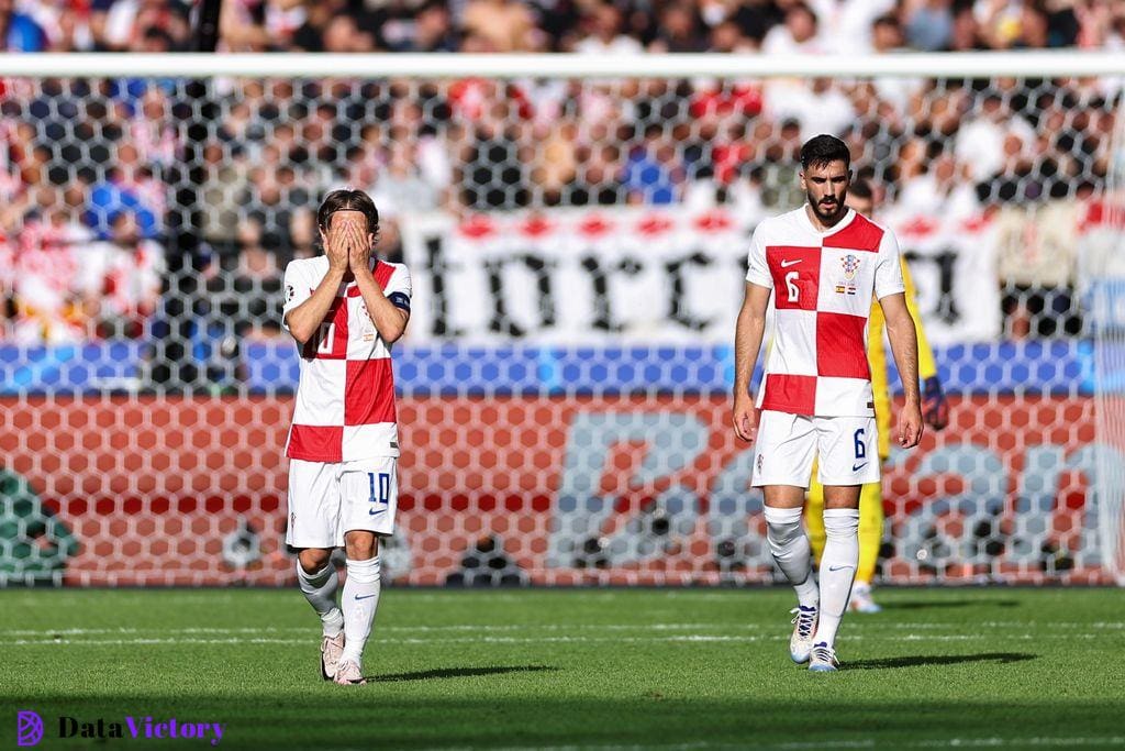 Luka Modric (left) holds his face during Croatia's 3-0 defeat to Spain at Euro 2024.