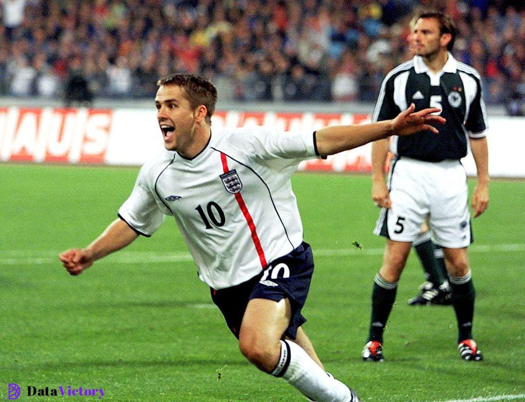 Michael Owen celebrates his second goal in England's 5-1 victory over Germany in Munich, September 2001.