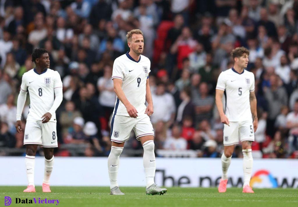 England Euro 2024 squad Harry Kane of England looks dejected after Jon Dagur Thorsteinsson of Iceland (not pictured) scores his team's first goal during the international friendly match between England and Iceland at Wembley Stadium on June 07, 2024 in London, England. (Photo by Julian Finney/Getty Images)