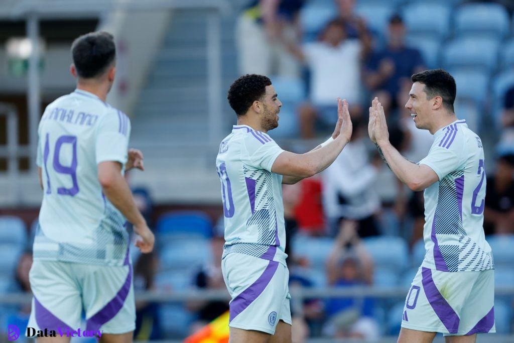 Scotland Euro 2024 squad Che Adams of Scotland, Jack Ryan of Scotland celebrate the 0-2 during the International Friendly match between Gibraltar v Scotland at the Estadio Algarve on June 3, 2024 in Faro Portugal (Photo by Eric Verhoeven/Soccrates/Getty Images)