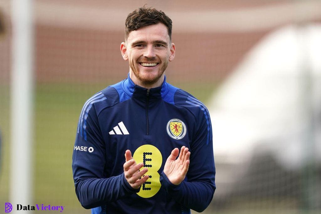 Scotland captain Andy Robertson applauds during a training session at Lesser Hampden, Scotland in March 2024