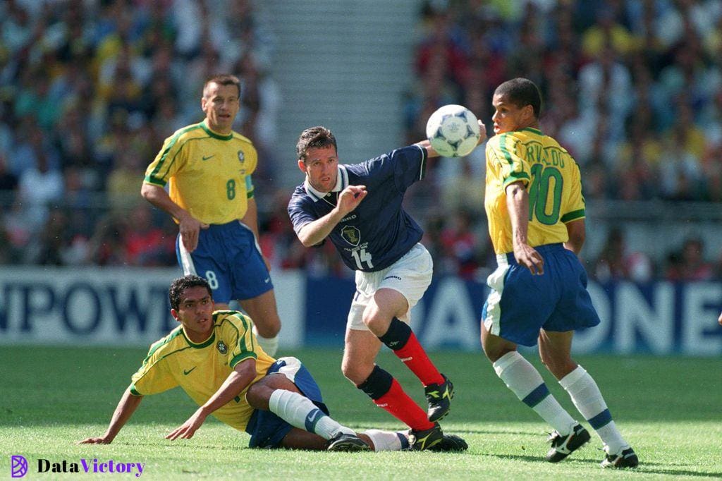 Paul Lambert of Scotland in action against Brazil in the opening match of the 1998 World Cup in France