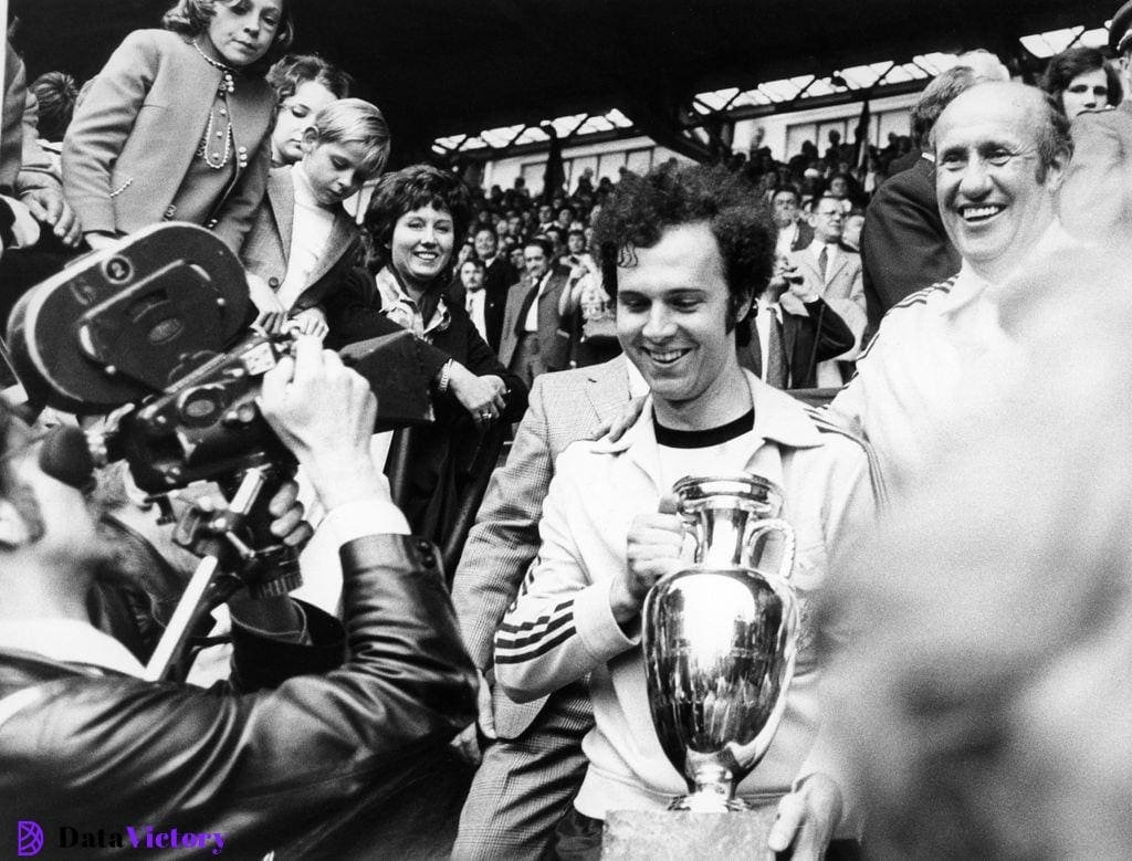 Franz Beckenbauer with the European Championship trophy after West Germany's win at Euro 1972.