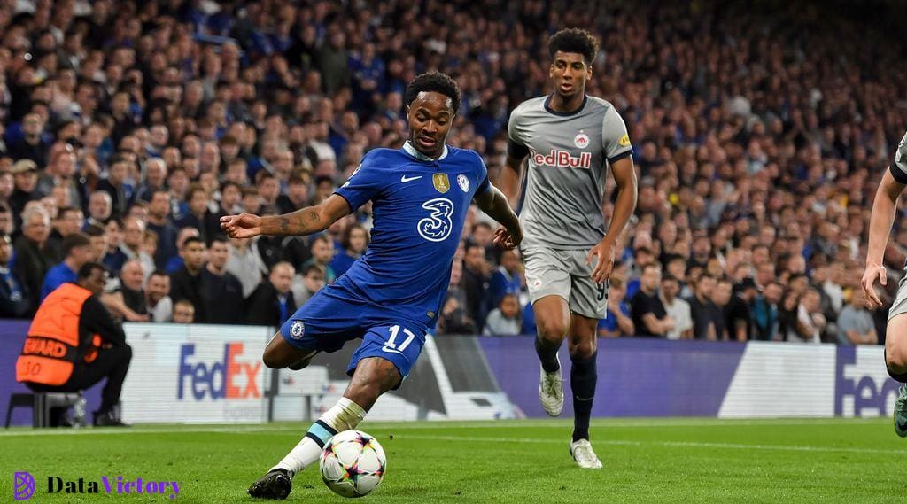 Chelsea's Raheem Sterling during Chelsea 1-1 Red Bull Salzburg in the Champions League on 14 September, 2022 at Stamford Bridge, London, United Kingdom