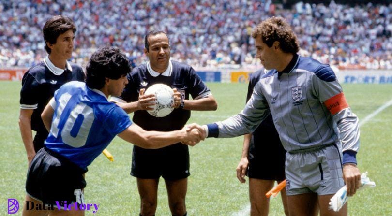 Diego Maradona and Peter Shilton at the 1986 World Cup