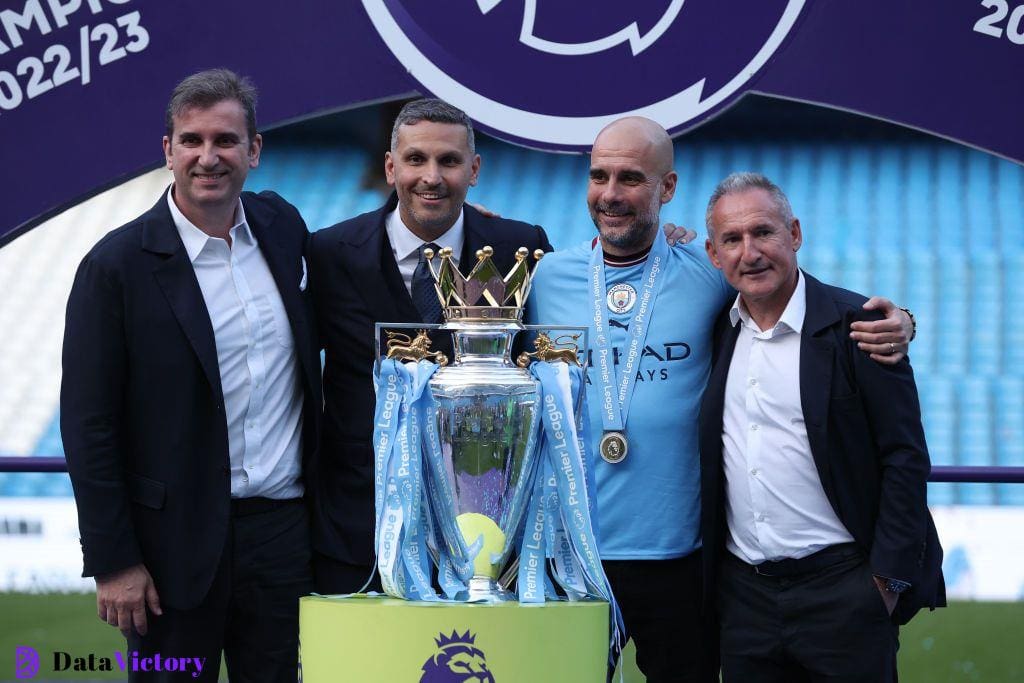 Guardiola celebrates another Premier League title alongside the Manchester City hierachy