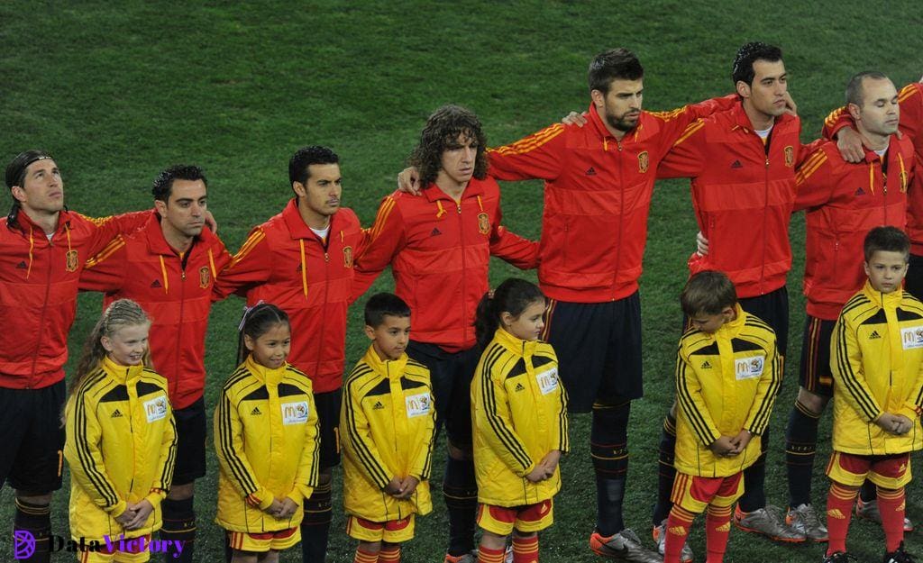 Spain players look on during the Spanish national anthem ahead of the 2010 World Cup final against the Netherlands in South Africa.