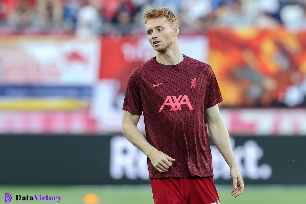 Sepp van den Berg looks on ahead of a pre-season friendly for Liverpool against RB Salzburg in July 2022.