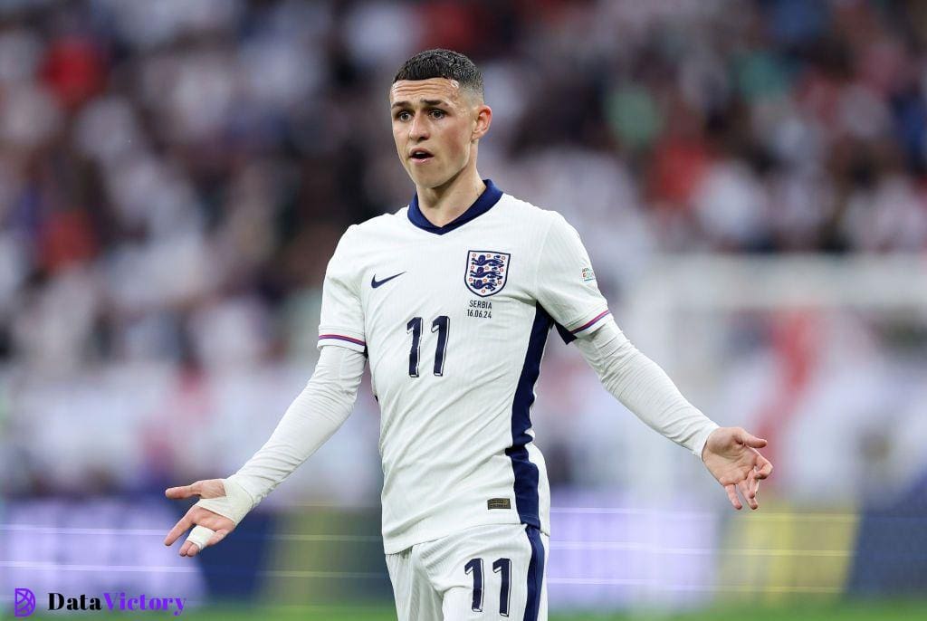 Phil Foden of England reacts during the UEFA EURO 2024 group stage match between Serbia and England at Arena AufSchalke on June 16, 2024 in Gelsenkirchen, Germany.