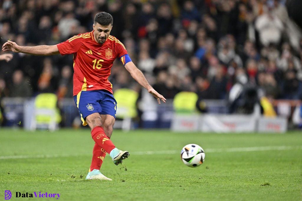 Rodrigo Hernandez Cascante of Spain in action during the friendly match between Spain and Brazil at the Santiago Bernabeu Stadium in Madrid, Spain on March 26, 2024. The friendly match organized due to Real Madrid star football player Vinicius Junior, has been targeted with racist attacks by the fans. (Photo by Burak Akbulut/Anadolu via Getty Images)