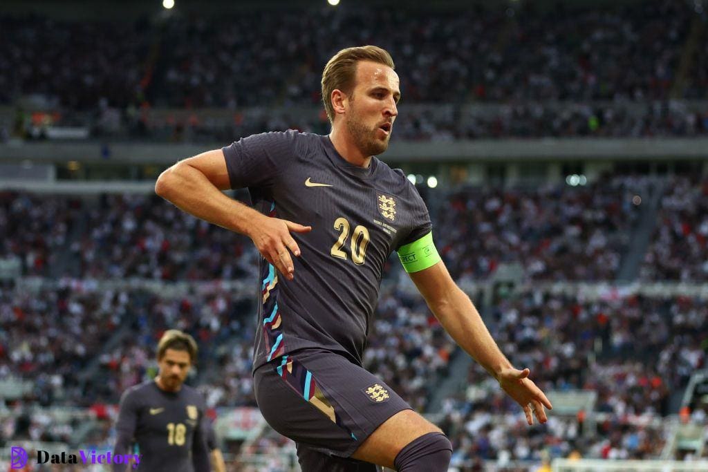 Harry Kane of England celebrates scoring the third goal during the international friendly match between England and Bosnia & Herzegovina at St James' Park on June 3, 2024 in Newcastle upon Tyne, England.