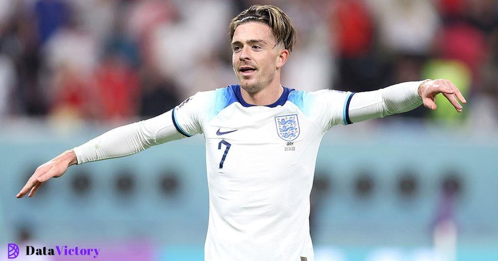 Jack Grealish of England celebrates after scoring their team's sixth goal during the FIFA World Cup Qatar 2022 Group B match between England and IR Iran at Khalifa International Stadium on November 21, 2022 in Doha, Qatar.