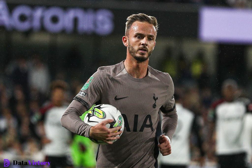 James Maddison of Tottenham Hotspur during the Carabao Cup Second Round match between Fulham and Tottenham Hotspur at Craven Cottage, London on Tuesday 29th August 2023.