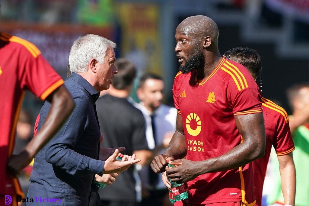 Former Chelsea pair Jose Mourinho and Romelu Lukaku at Roma in October 2023.