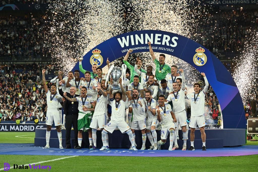 Real Madrid's players celebrate after winning the Champions League final against Liverpool in Paris in 2022.