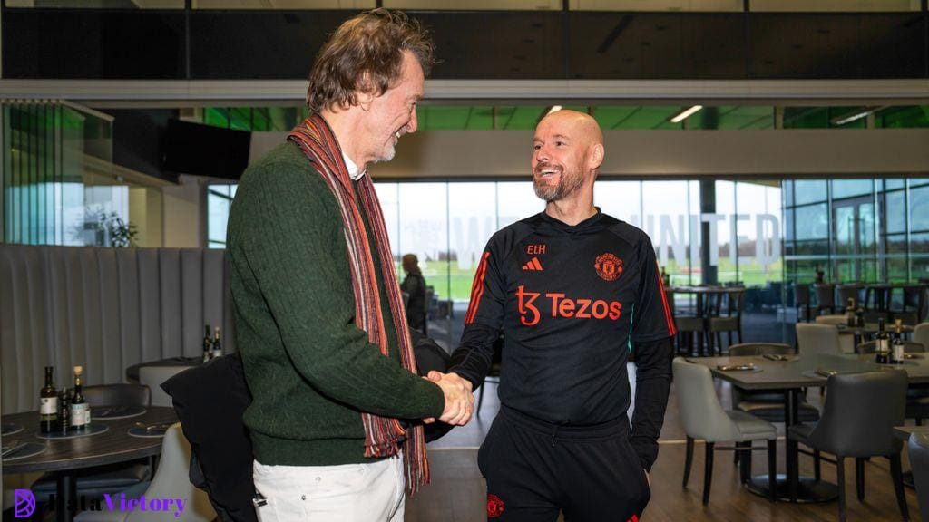 Manchester United boss Erik ten Hag alongside Sir Jim Ratcliffe