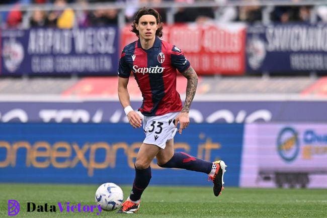 Tottenham target Riccardo Calafiori of Bologna FC in action during the Serie A TIM match between Bologna FC and US Salernitana at Stadio Renato Dall'Ara on April 01, 2024 in Bologna, Italy. (Photo by Alessandro Sabattini/Getty Images)