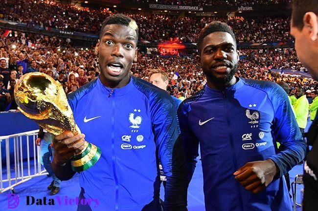 Paul Pogba celebrates winning the 2018 World Cup