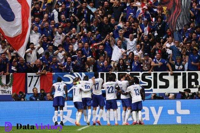 France The France players celebrating Jan Vertonghen's own goal during the UEFA EURO 2024 round of 16 match between France and Belgium at Düsseldorf Arena on July 1, 2024 in Dusseldorf, Germany. (Photo by Qian Jun/MB Media/Getty Images)