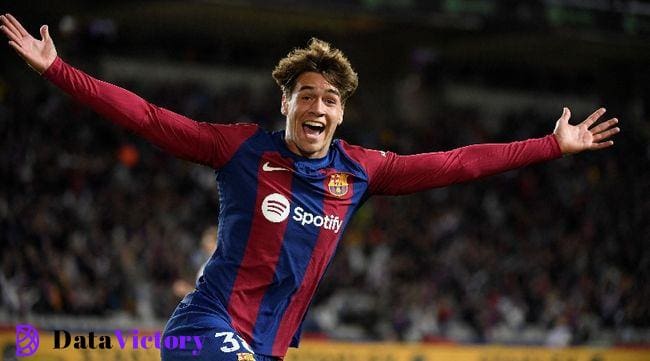 Barcelona youngster and new Chelsea signing Marc Guiu celebrates after scoring on his debut at the age of 17 against Athletic Club in LaLiga in October 2023.