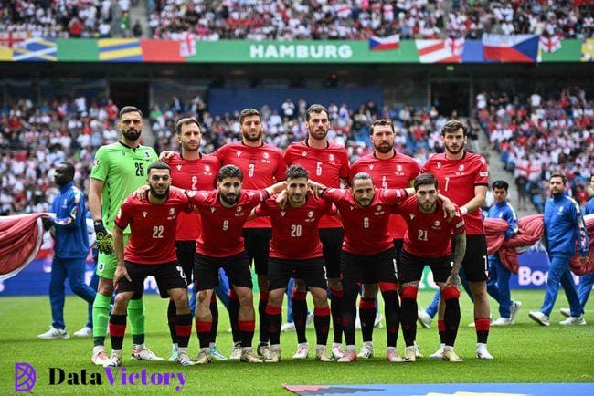 Georgia Euro 2024 squad team photo of Georgia (L-R) Giorgi Mamardashvili, Otar Kakabadze, Lasha Dvali, Solomon Kvirkvelia, Guram Kashia , Khvicha Kvaratskhelia, Georges Mikautadze, Zuriko Davitashvili, Anzor Mekvabishvili, Giorgi Kochorashvili, Giorgi Tsitaishvili during the UEFA EURO 2024 group stage match between Georgia and Czechia at Volksparkstadion on June 22, 2024 in Hamburg, Germany. (Photo by Sebastian Frej/MB Media/Getty Images)