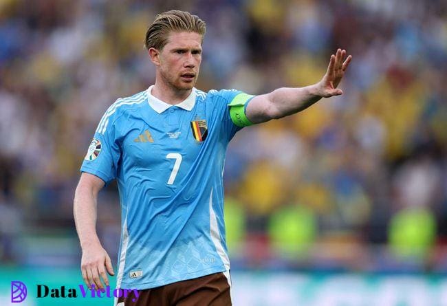 Belgium Euro 2024 squad Kevin De Bruyne of Belgium reacts during the UEFA EURO 2024 group stage match between Ukraine and Belgium at Stuttgart Arena on June 26, 2024 in Stuttgart, Germany. (Photo by Carl Recine/Getty Images)