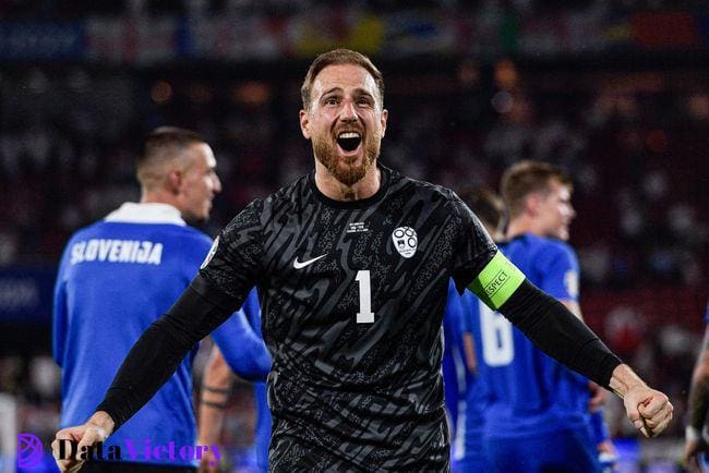 Slovenia Euro 2024 squad goalkeeper Jan Oblak of Slovenia celebrates the win during the Group C - UEFA EURO 2024 match between England and Slovenia at RheinEnergieStadion on June 25, 2024 in Cologne, Germany. (Photo by Pablo Morano/BSR Agency/Getty Images)