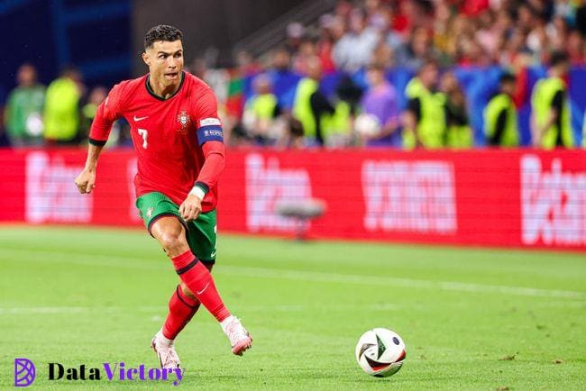 Cristiano Ronaldo of Portugal runs with the ball during the Round of 16 - UEFA EURO 2024 match between Portugal and Slovenia at Deutsche Bank Park on July 1, 2024 in Frankfurt, Germany. (Photo by Peter Lous/BSR Agency/Getty Images)