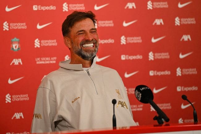 Jurgen Klopp manager of Liverpool at his final Press Conference at AXA Training Centre on May 17, 2024 in Kirkby, England. (Photo by John Powell/Liverpool FC via Getty Images)