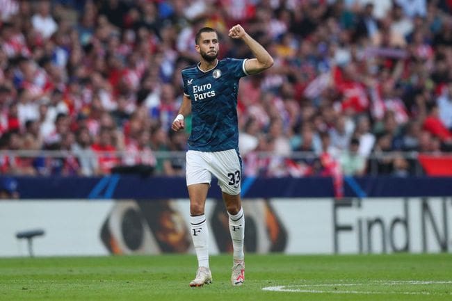 David Hancko of Feyenoord celebrates after scoring the team's second goal during the UEFA Champions League match between Atletico Madrid and Feyenoord at Civitas Metropolitano Stadium on October 04, 2023 in Madrid, Spain.