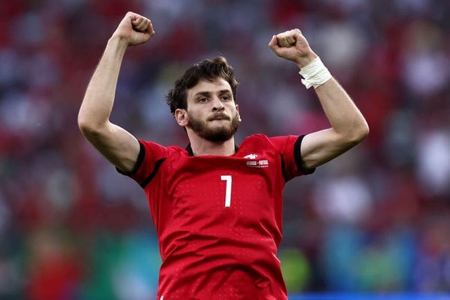 Georgia Euro 2024 squad Khvicha Kvaratskhelia of Georgia celebrates after scoring a goal during the Uefa Euro 2024 Group F football match between Georgia and Portugal. Georgia wins 2-0 over Portugal. (Photo by Marco Canoniero/LightRocket via Getty Images)