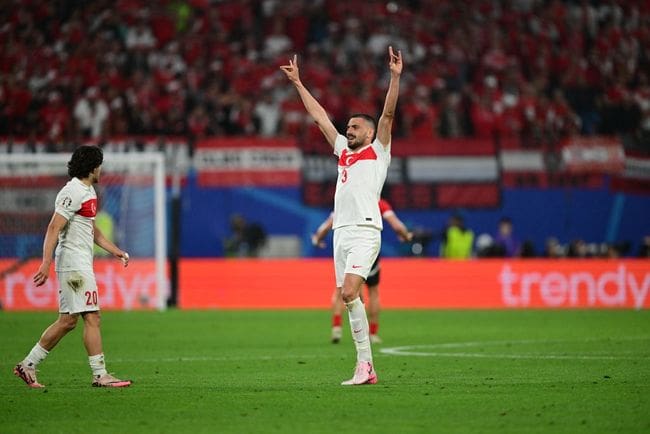 Merih Demiral (3) of Turkiye celebrates after scoring the his second goal during UEFA EURO 2024 round of 16 match between Austria and Turkiye at Football Stadium Leipzig on July 02, 2024 in Leipzig, Germany. (Photo by Oguz Yeter/Anadolu via Getty Images)