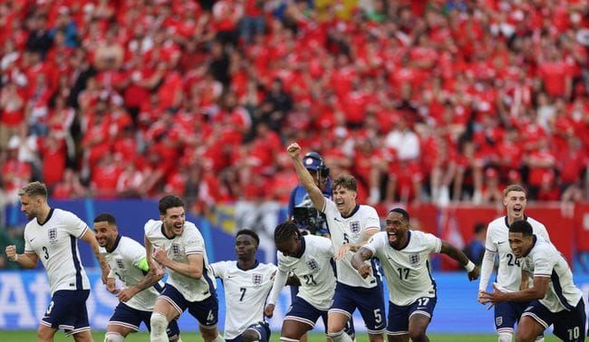 England players celebrate after beating Switzerland on penalties in Euro 2024